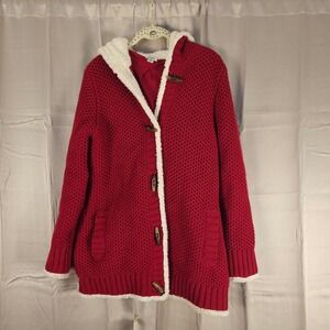 LL Bean Womens Red White Shearling Wool Blend Knit Toggle Coat‎ Medium
